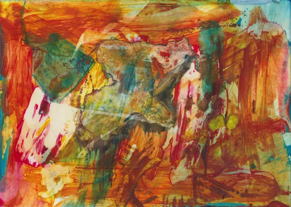 Abstract of sweeping orange and red ink strokes over turquoise, with a mottled green and ochre shape at the centre