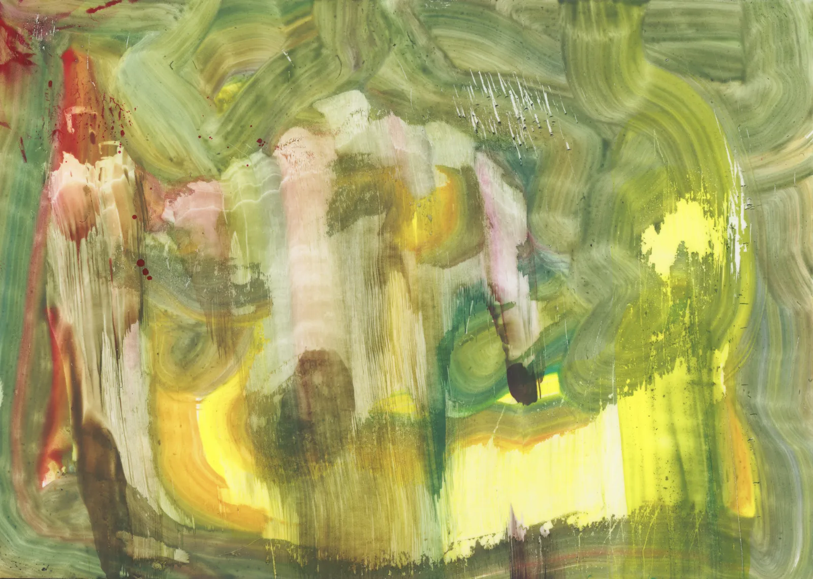 Abstract of looping olive-green brushstrokes around glowing patches of yellow, with pale pink drips and a flash of red at the left edge