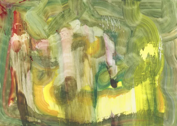 Abstract of looping olive-green brushstrokes around glowing patches of yellow, with pale pink drips and a flash of red at the left edge