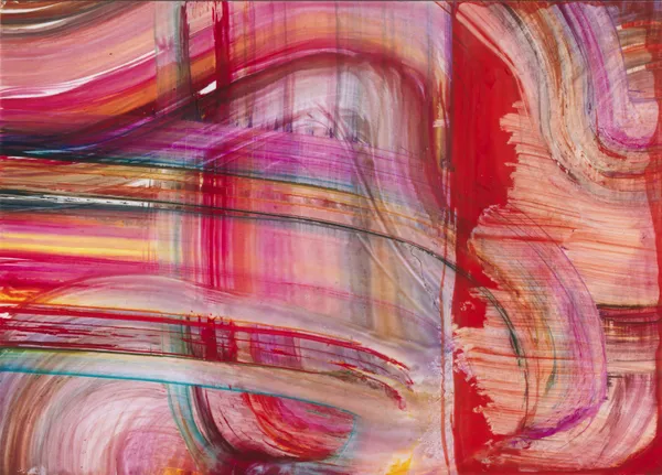 Abstract of sweeping pink, magenta and red ribbons of ink curving across the sheet, with a solid red band at the right