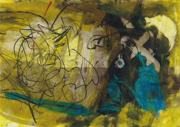 Yellow abstract covered in tangled black scribbled lines, with dark olive patches, a white cross shape and strokes of bright blue