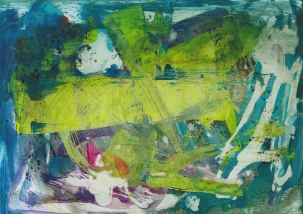 Abstract with a broad band of lime green across deep teal and blue, white scraped marks at the right and touches of violet and pink below