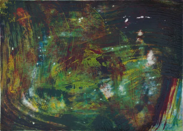 Dark swirling abstract in green, brown and black ink, flecked with white and a streak of rainbow colour at the right
