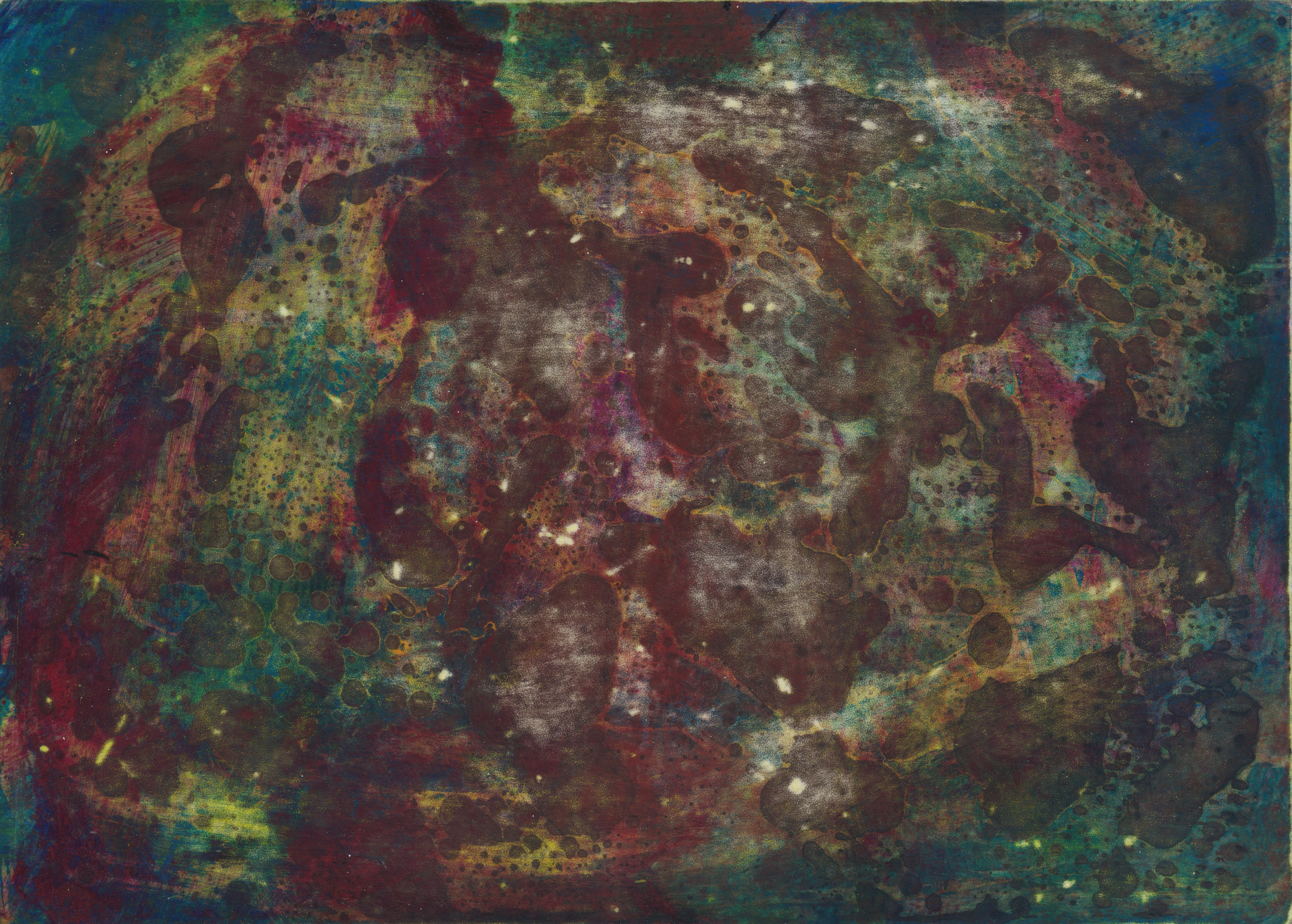 Mottled abstract in dark red and rust over deep green, speckled with pale dots