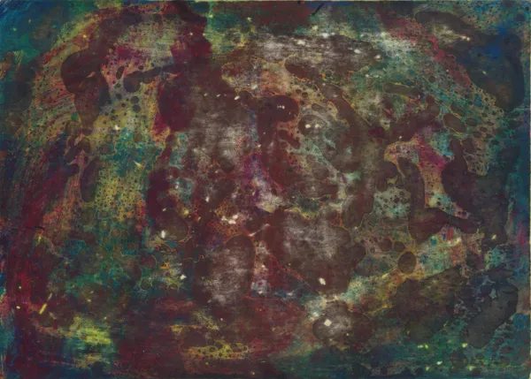 Mottled abstract in dark red and rust over deep green, speckled with pale dots