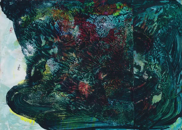 Dense black and dark green mass with red and white crackle, sweeping across a pale turquoise ground