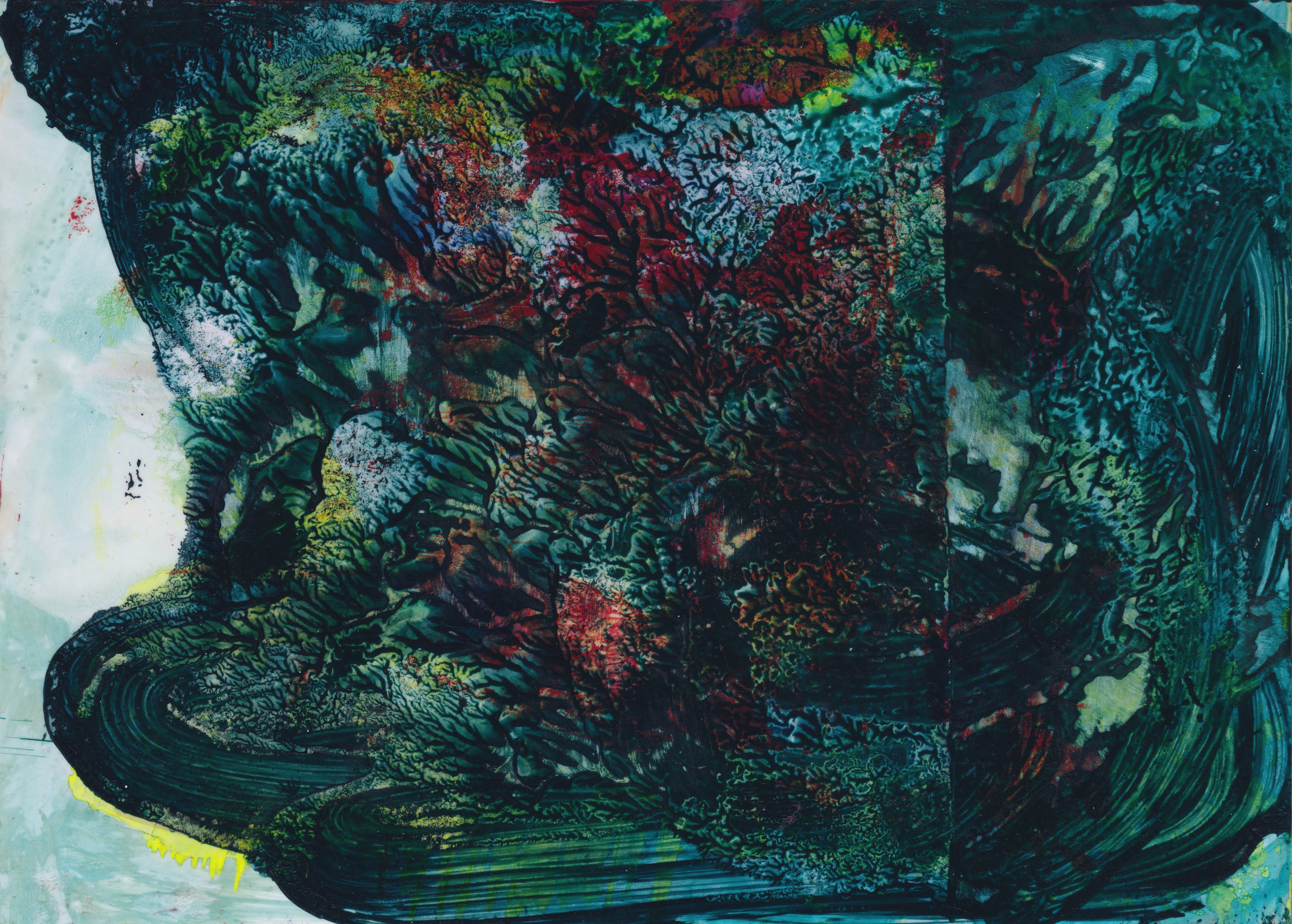 Dense black and dark green mass with red and white crackle, sweeping across a pale turquoise ground