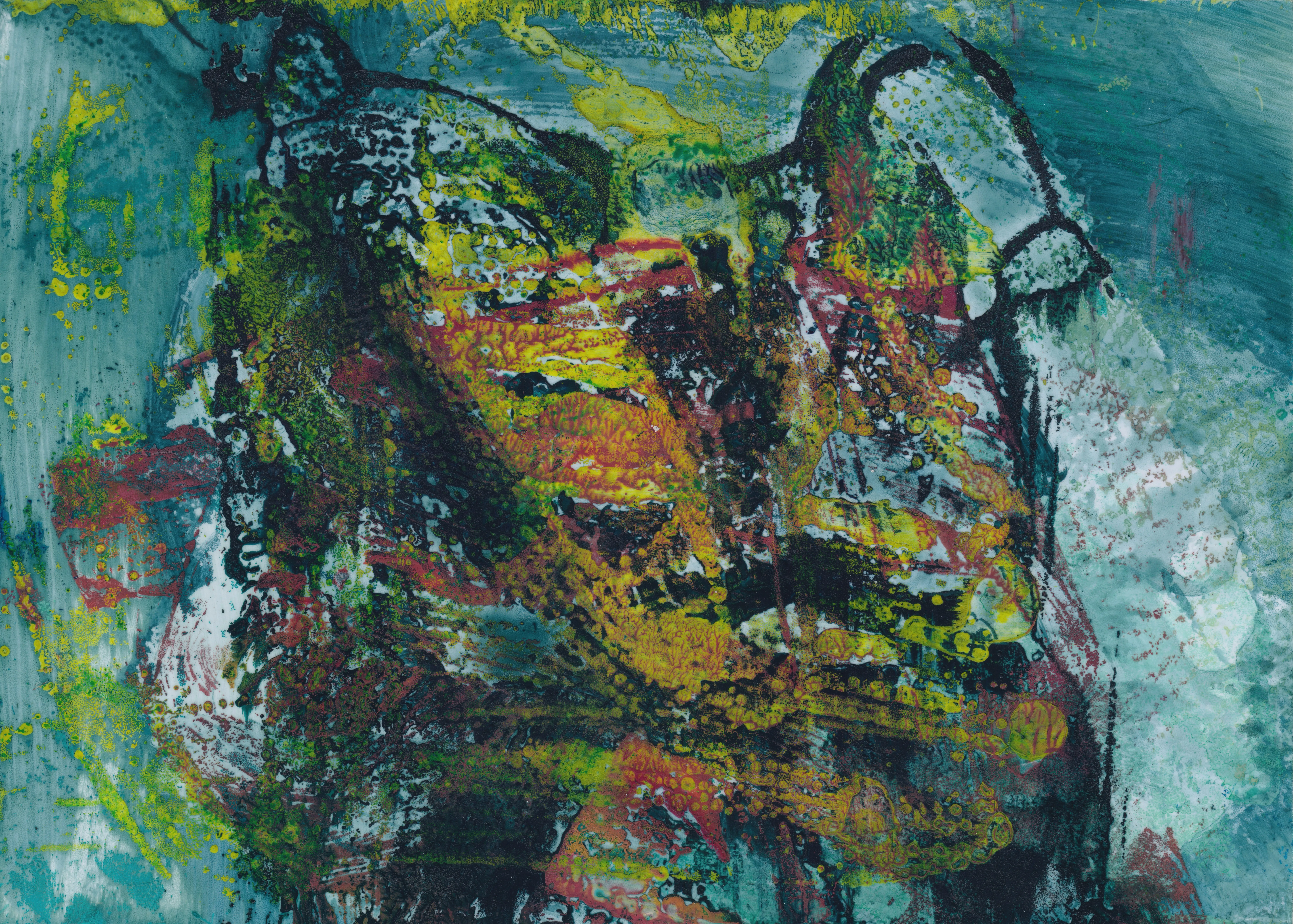 Broken yellow, orange and black marks forming a rough mound on a grey-turquoise ground