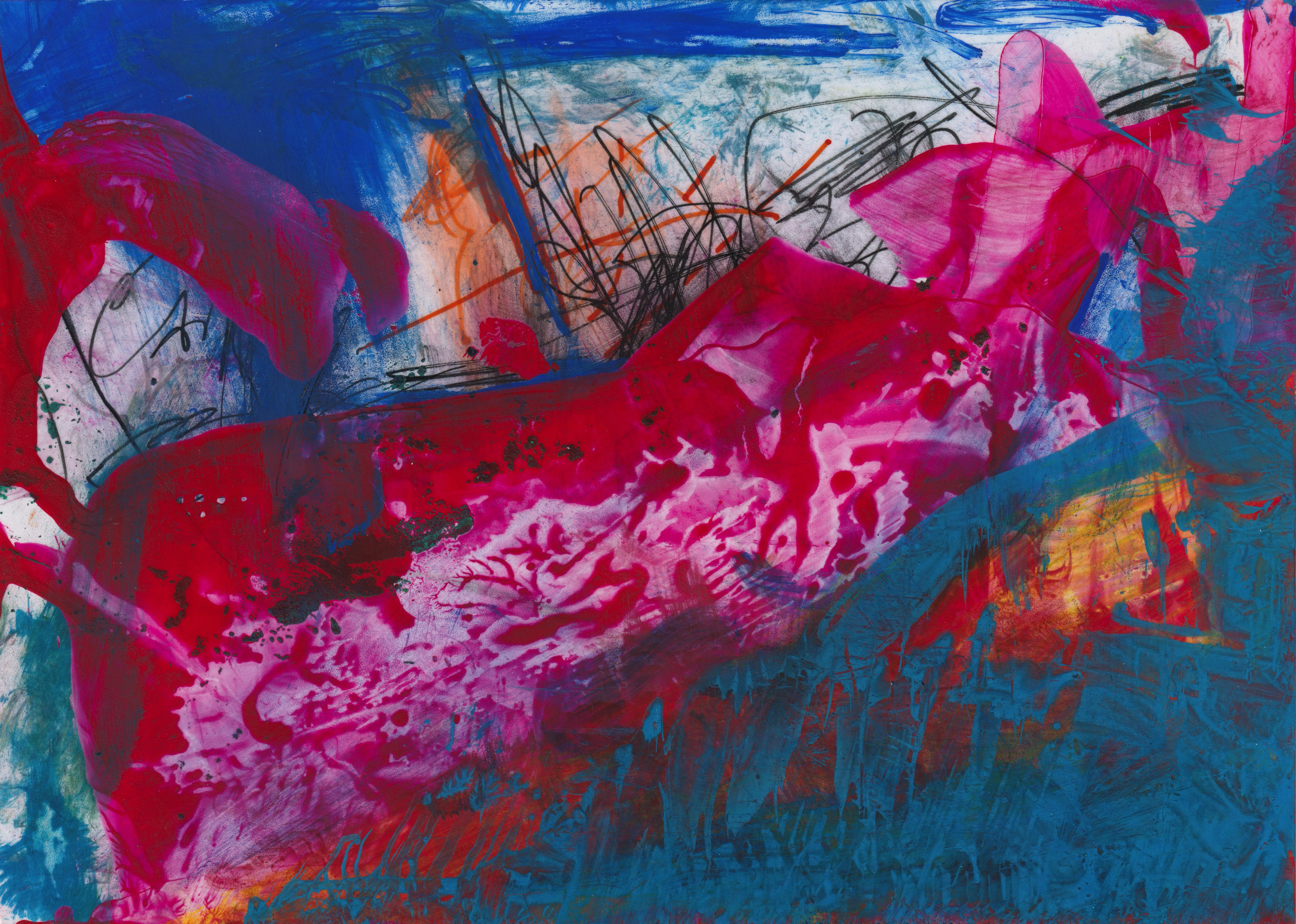 Crimson and pink shape crossing a blue ground, with scribbled black lines on white above