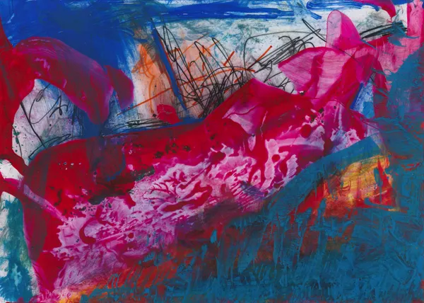 Crimson and pink shape crossing a blue ground, with scribbled black lines on white above