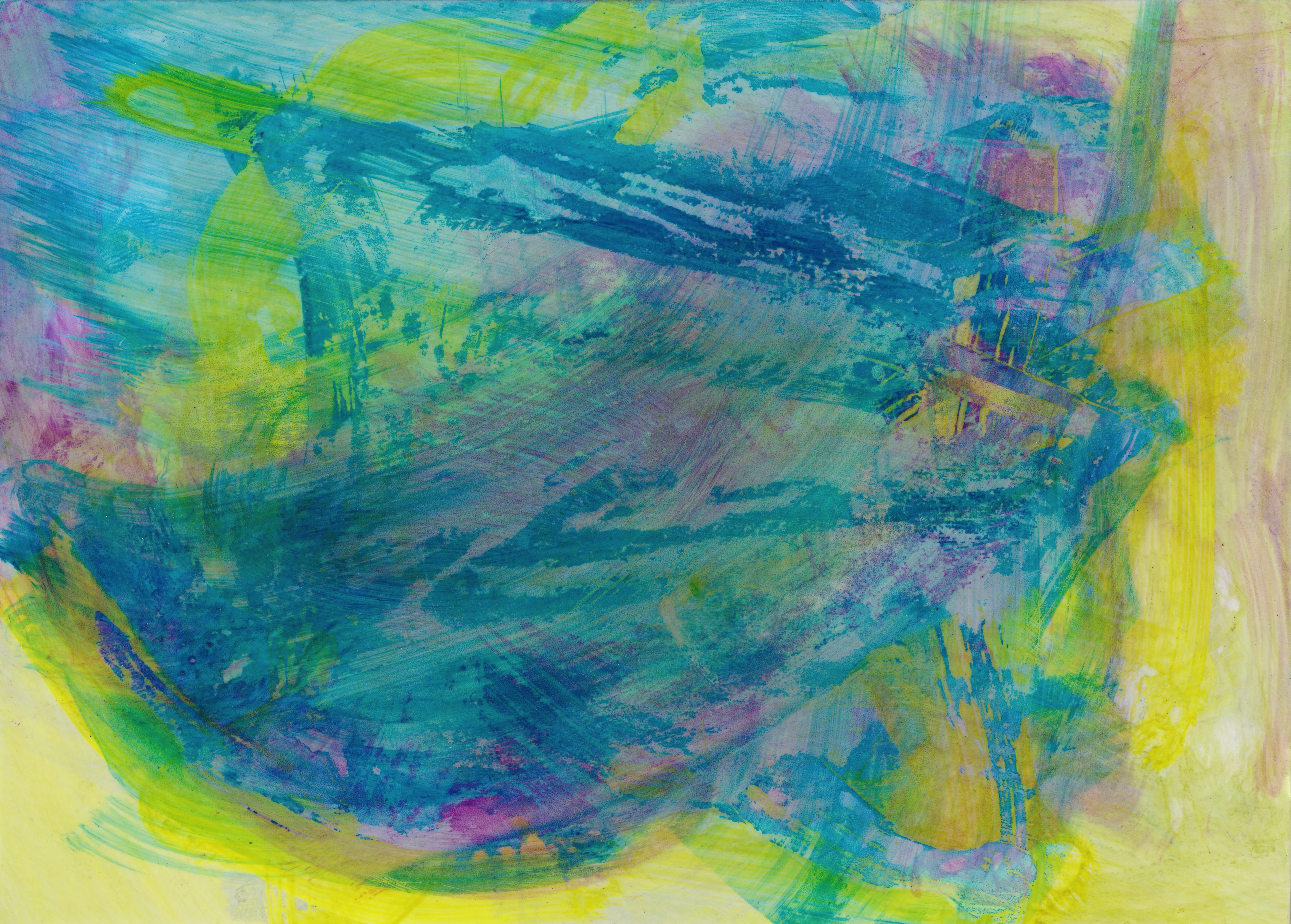 Translucent turquoise and violet strokes forming a bowl shape against pale yellow