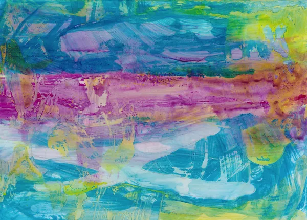 Horizontal bands of turquoise, magenta and pale blue with glimpses of yellow