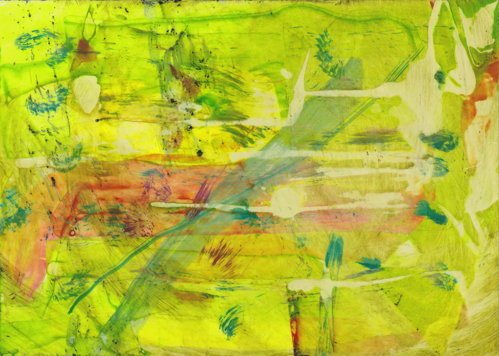 Bright lemon-yellow abstract with orange patches, pale drips and small teal dabs