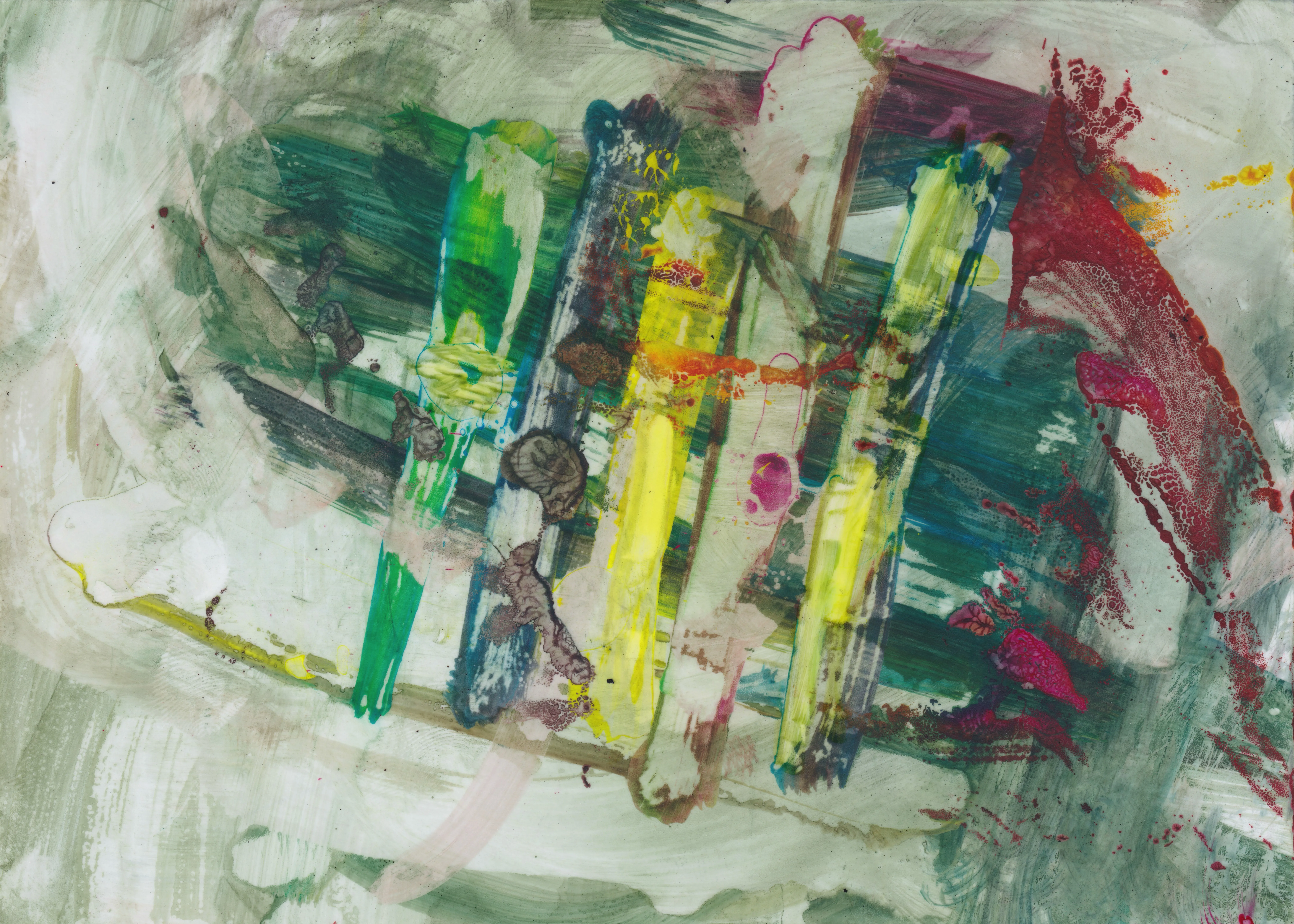 Upright bars of green, yellow and blue on a smeared grey-white ground, with a red smear at the right