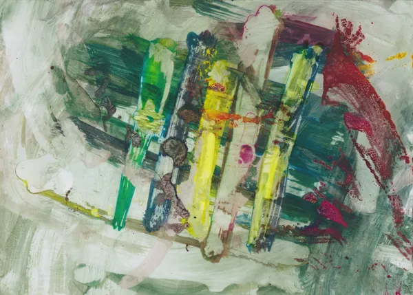 Upright bars of green, yellow and blue on a smeared grey-white ground, with a red smear at the right