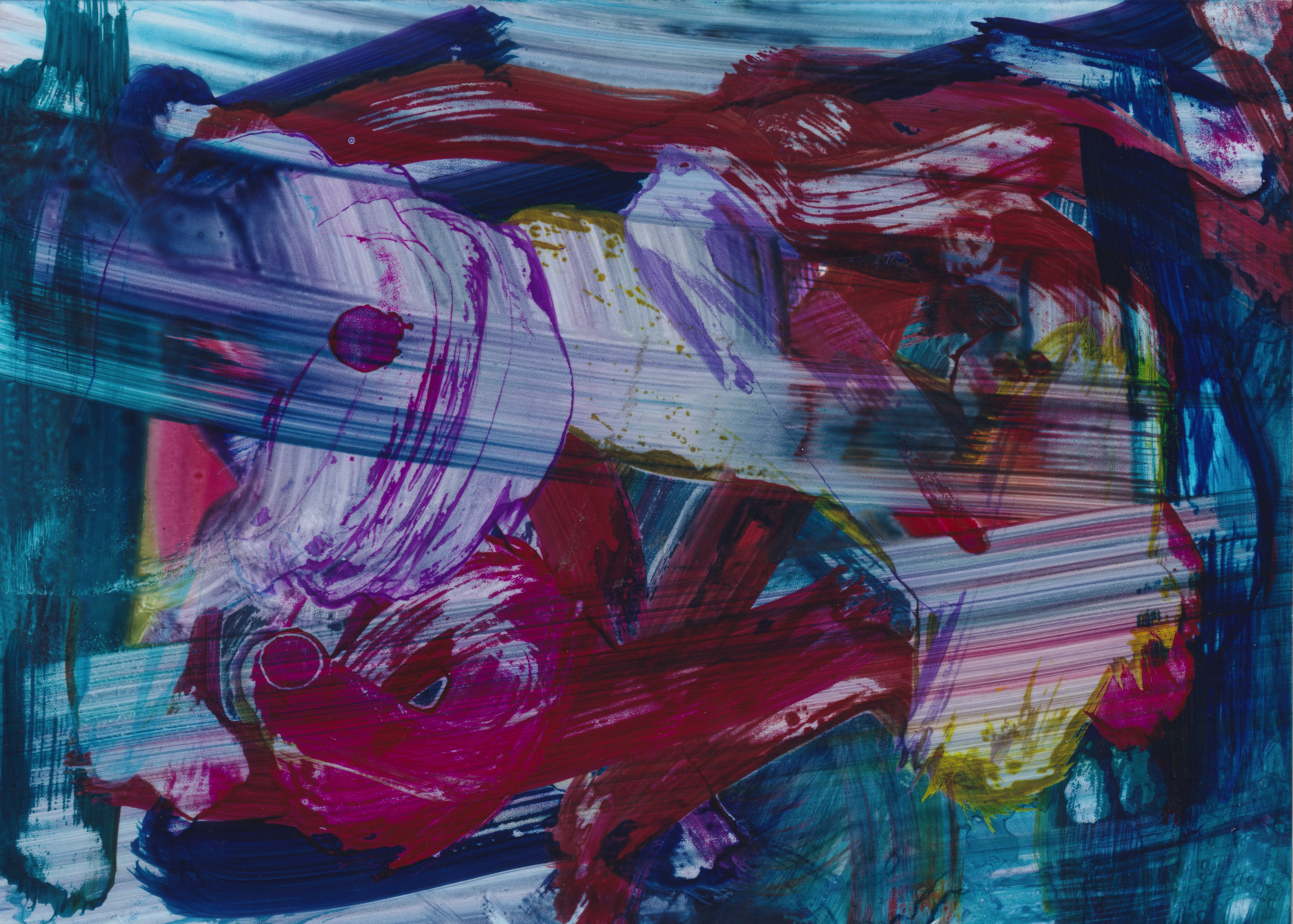 Sweeping strokes of crimson, violet and white dragged across dark blue