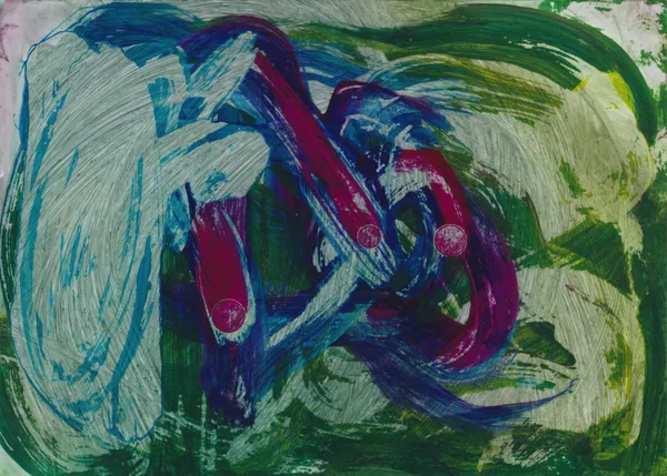 Looping magenta and blue bands knotted between broad pale grey strokes on green