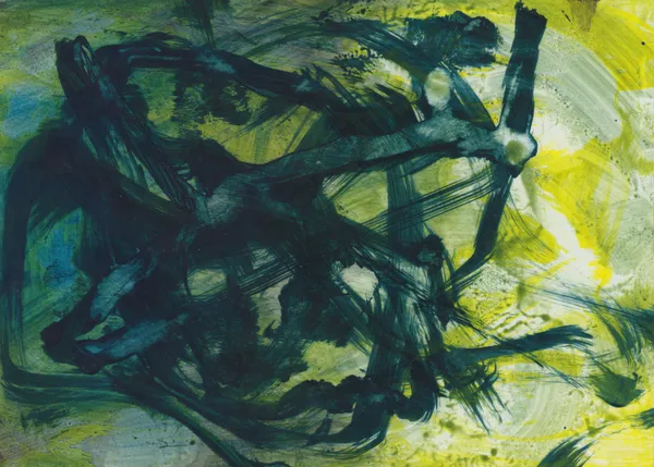 Tangle of thick black-green brushstrokes over yellow and pale grey
