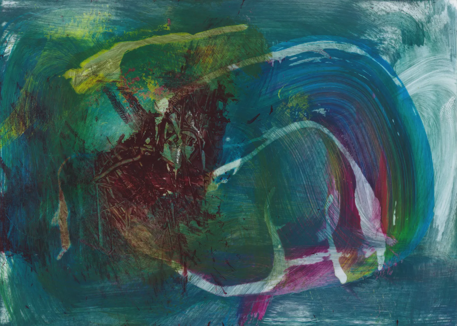 Teal abstract with a scratched dark red patch and a curving white line under a blue arc