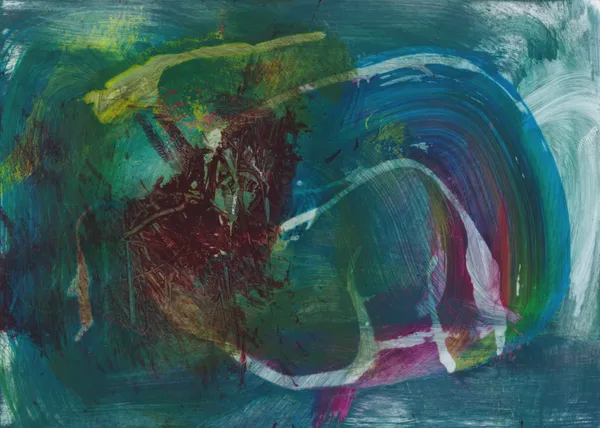 Teal abstract with a scratched dark red patch and a curving white line under a blue arc