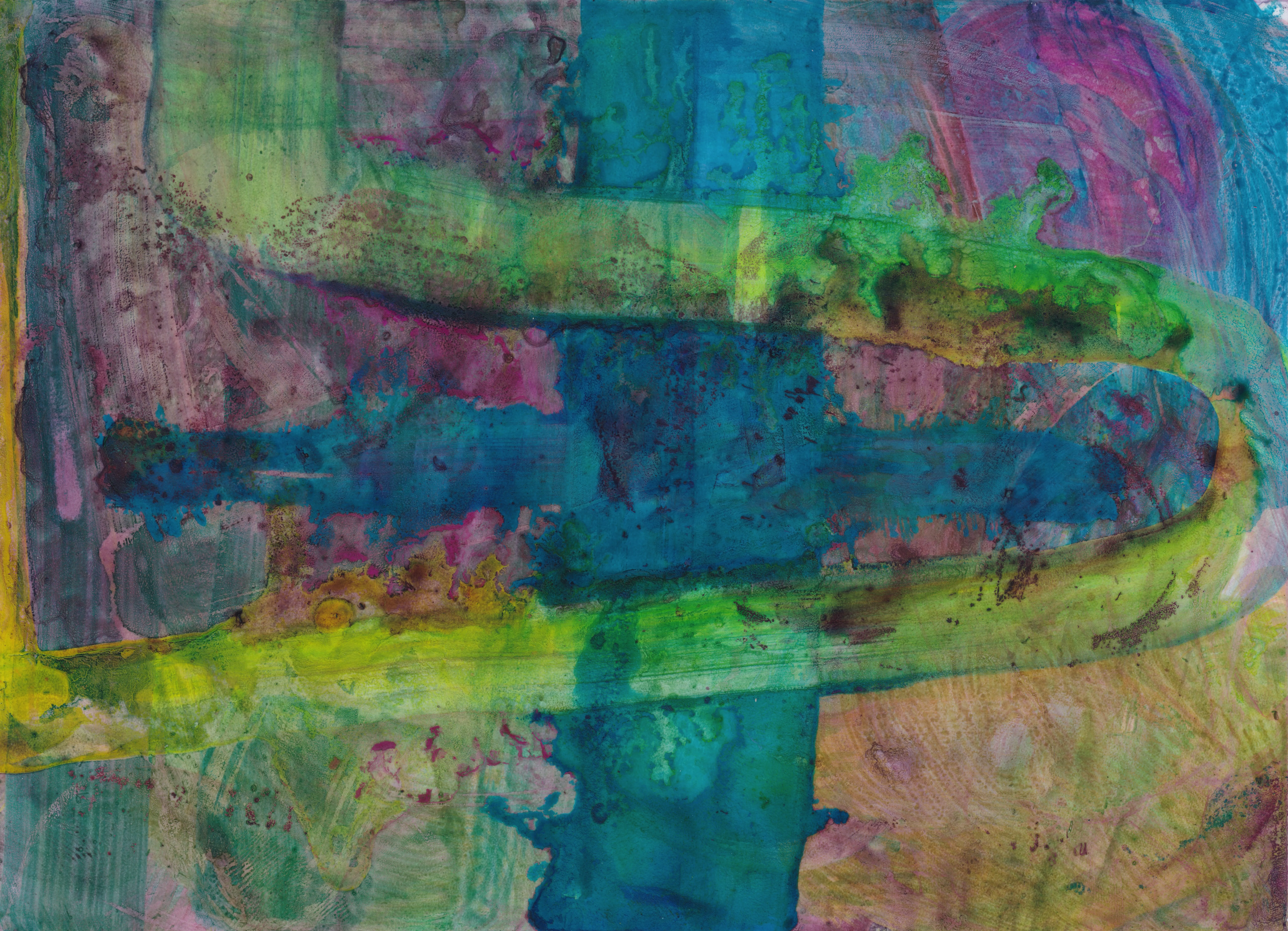 Blue bar crossed by an upright turquoise band, ringed by a looping green line over mauve and ochre