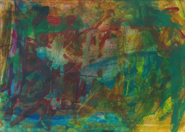 Loose patchwork of green, rust red and ochre strokes with a little blue at the bottom