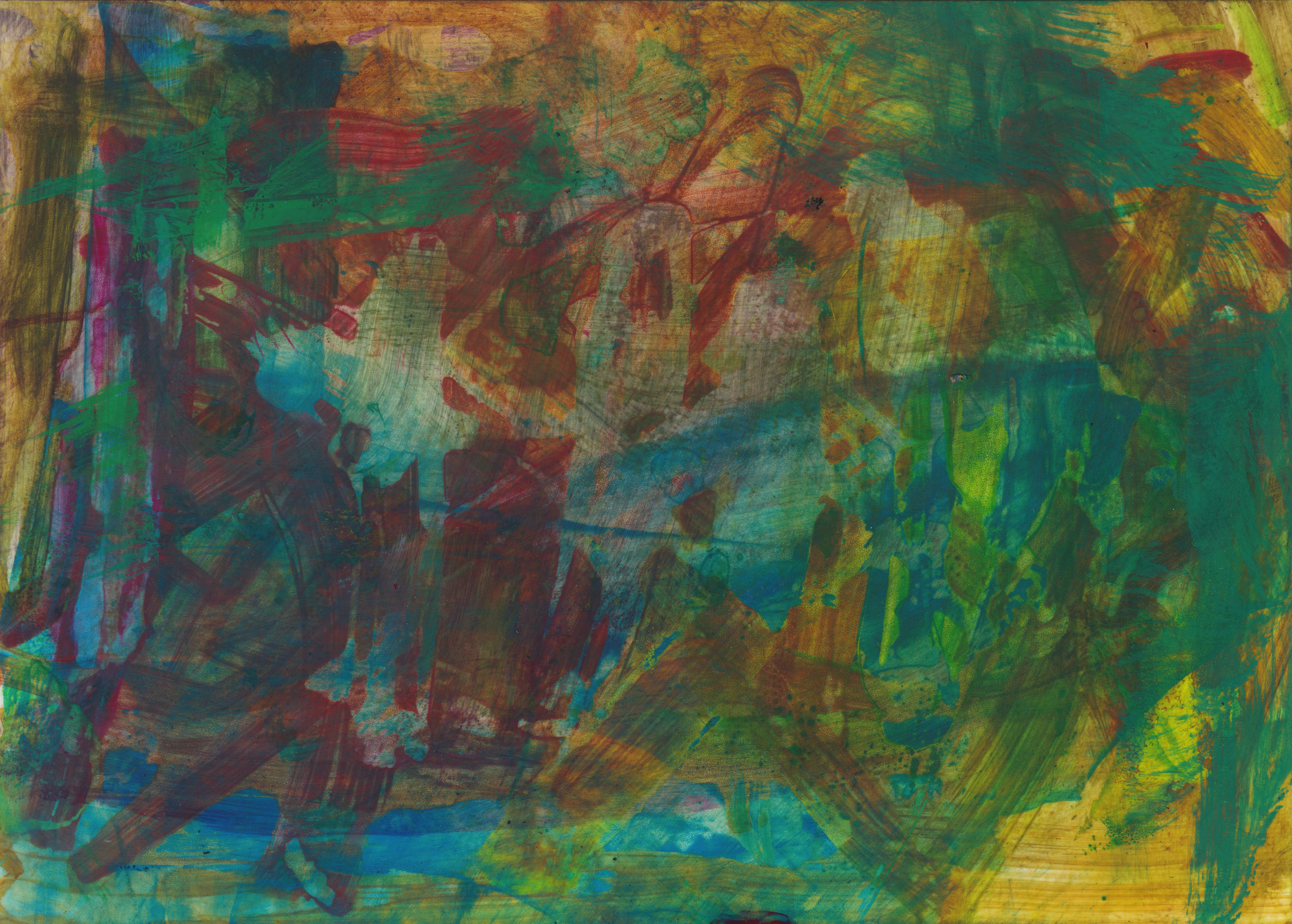 Loose patchwork of green, rust red and ochre strokes with a little blue at the bottom