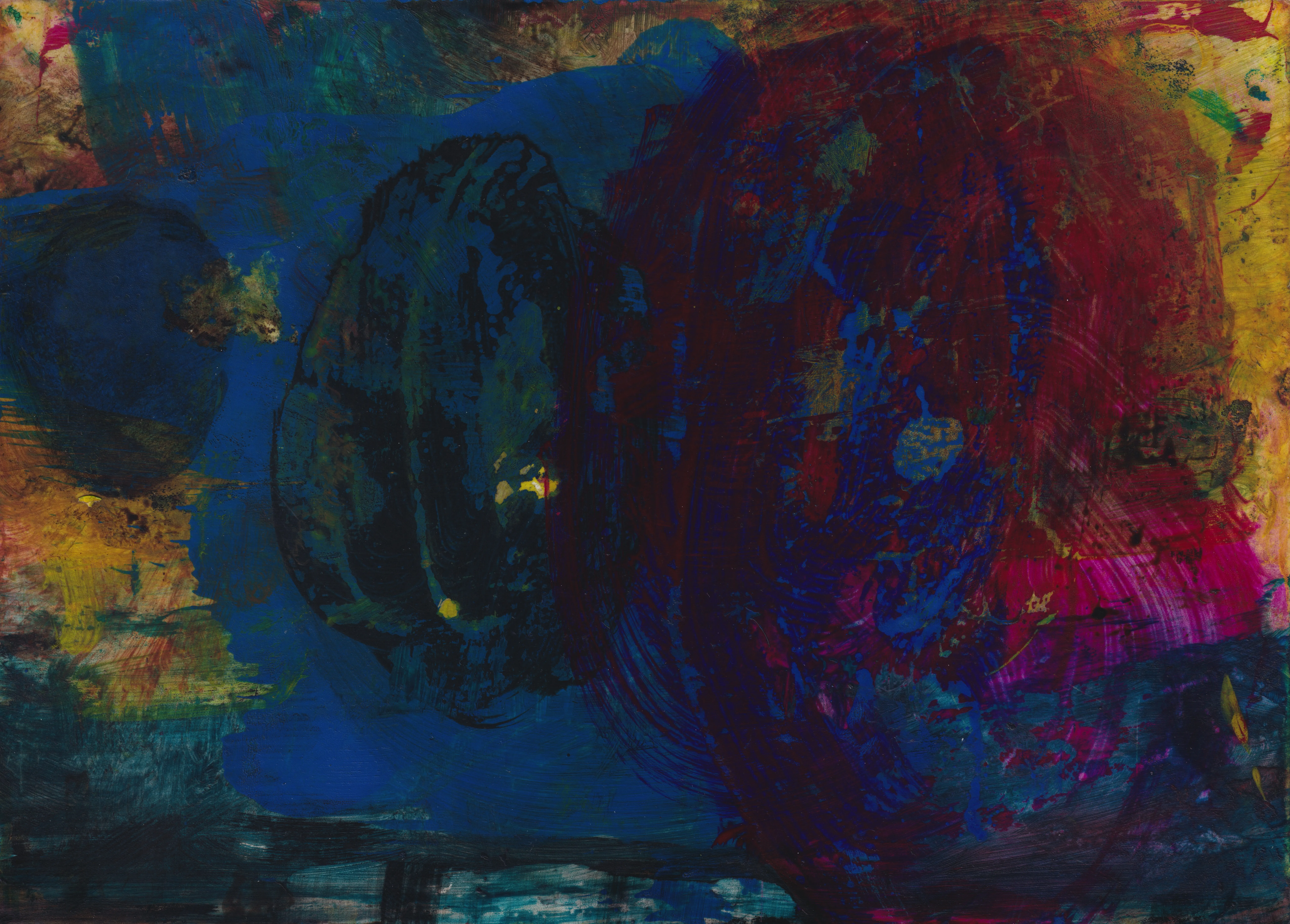 Deep blue and dark crimson rounded forms overlapping, with ochre yellow at the corners and a flash of magenta