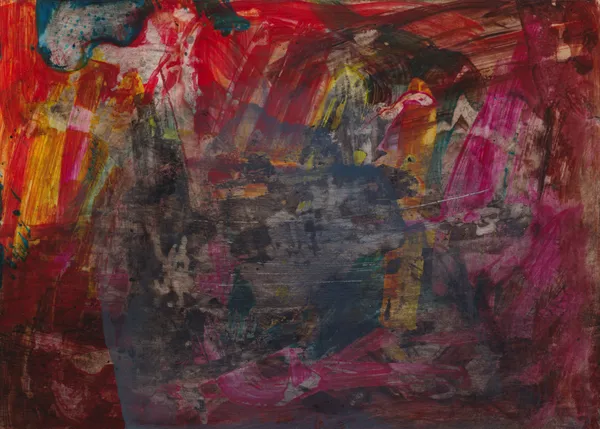 Smoky grey-black mass at the centre of red, crimson and magenta strokes with streaks of yellow