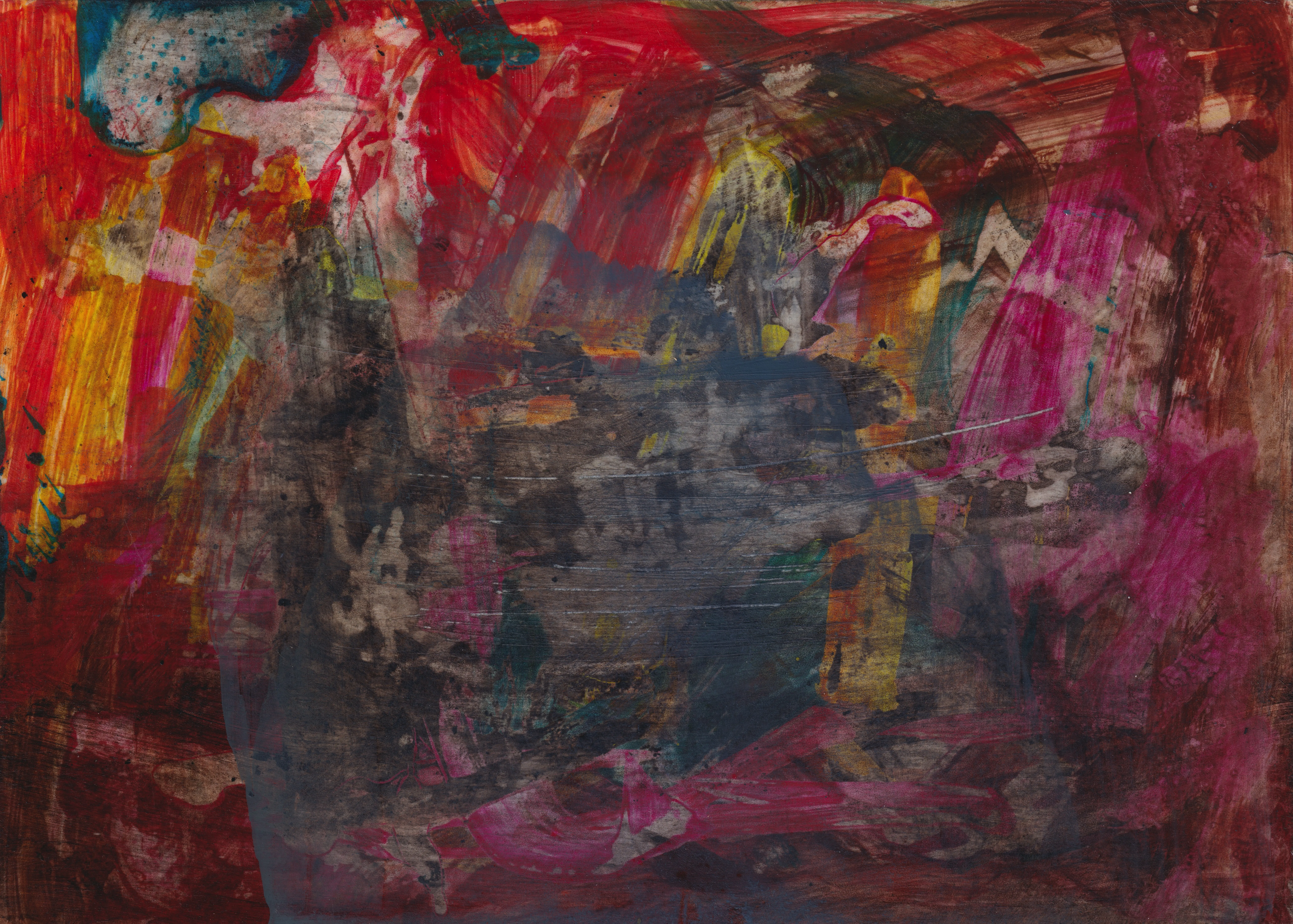 Smoky grey-black mass at the centre of red, crimson and magenta strokes with streaks of yellow