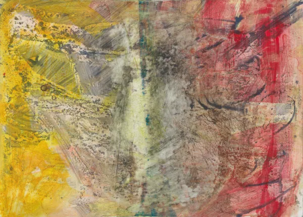 Pale grey and cream centre between ochre yellow on the left and soft red on the right, with thin dark lines