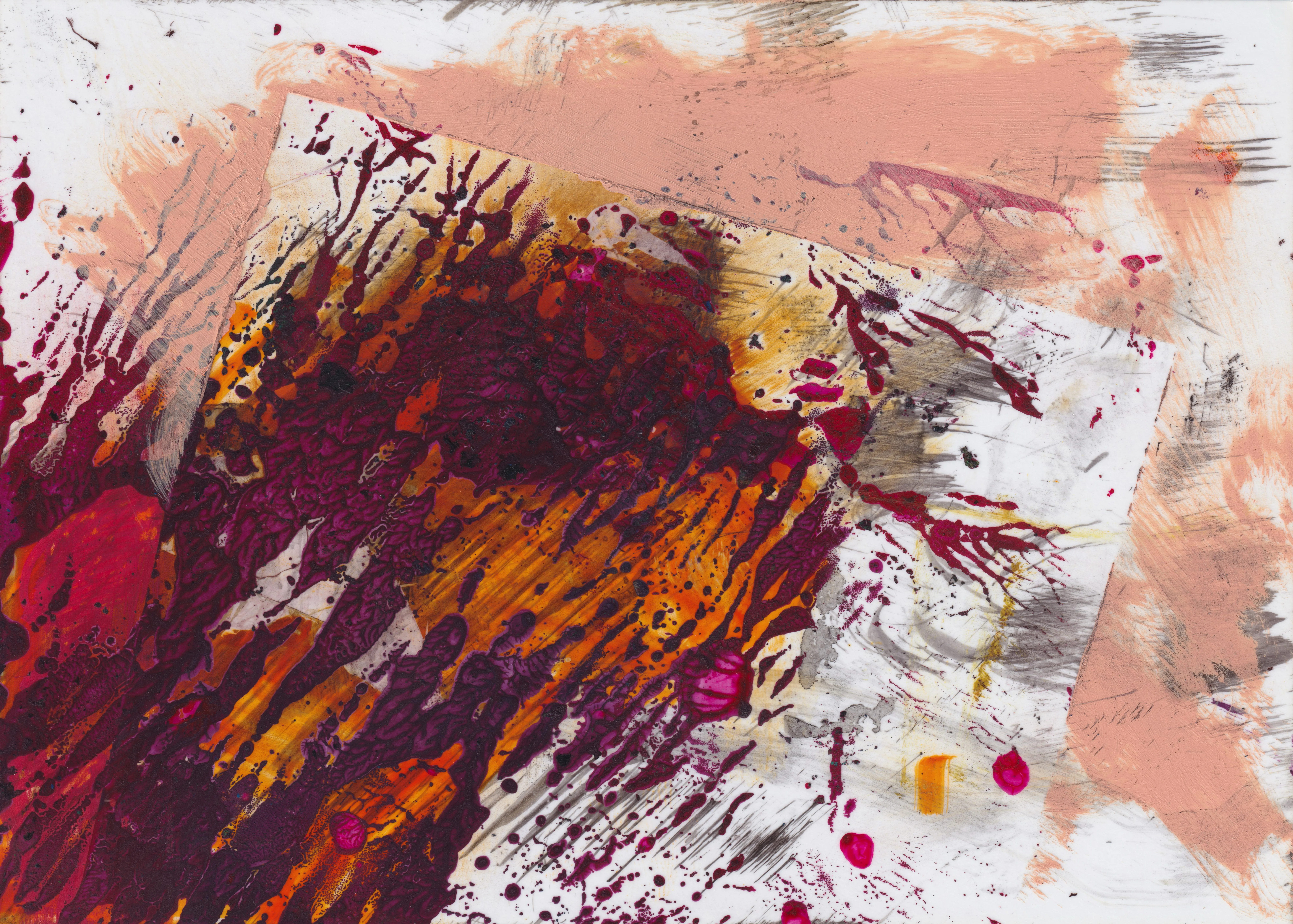 Spattered burst of maroon and orange on a tilted white square, surrounded by flat peach on white