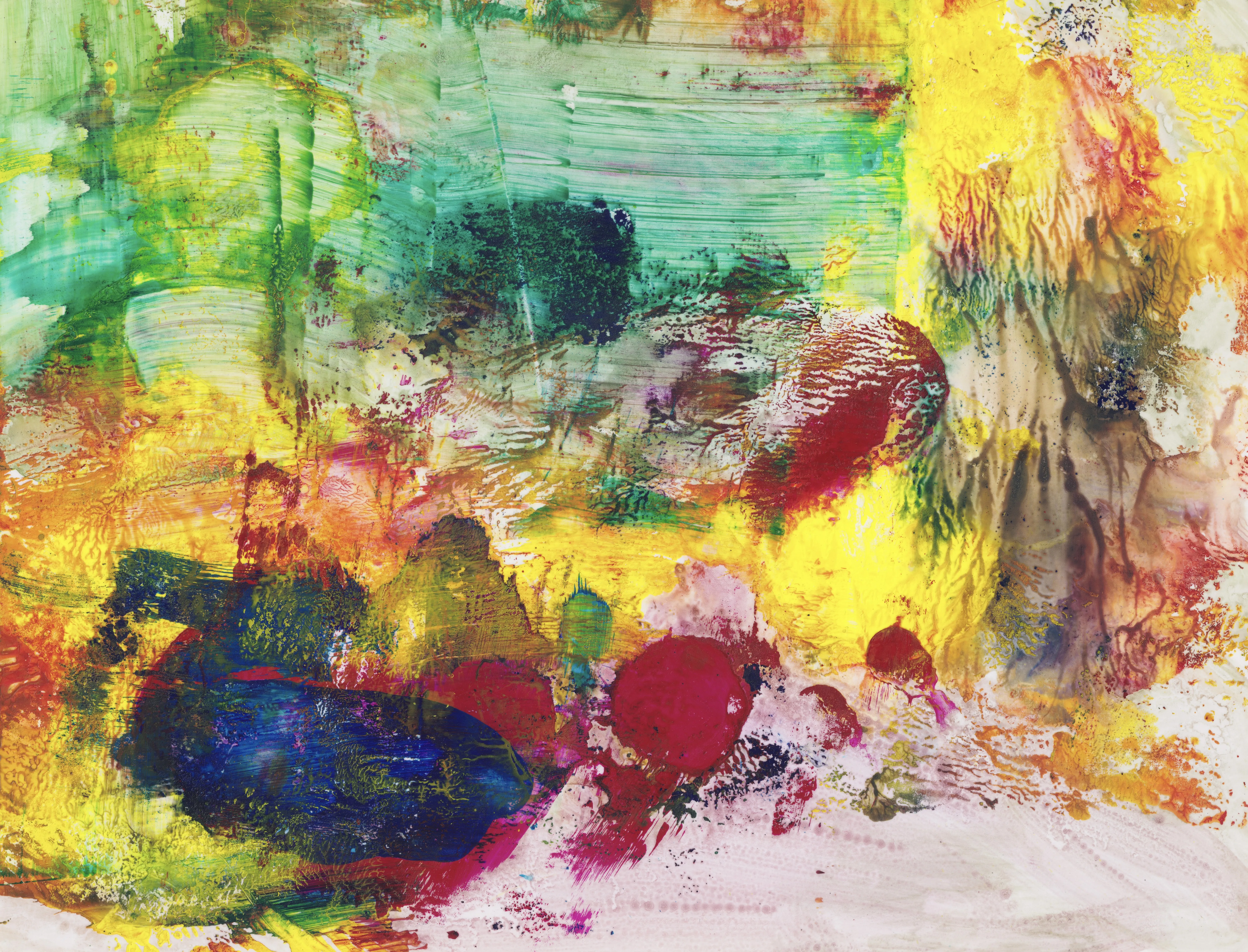 Abstract with a teal and green wash at upper left, a dark blue blot and round red spots lower down, and yellow and brown drips running down the right side over pale paper