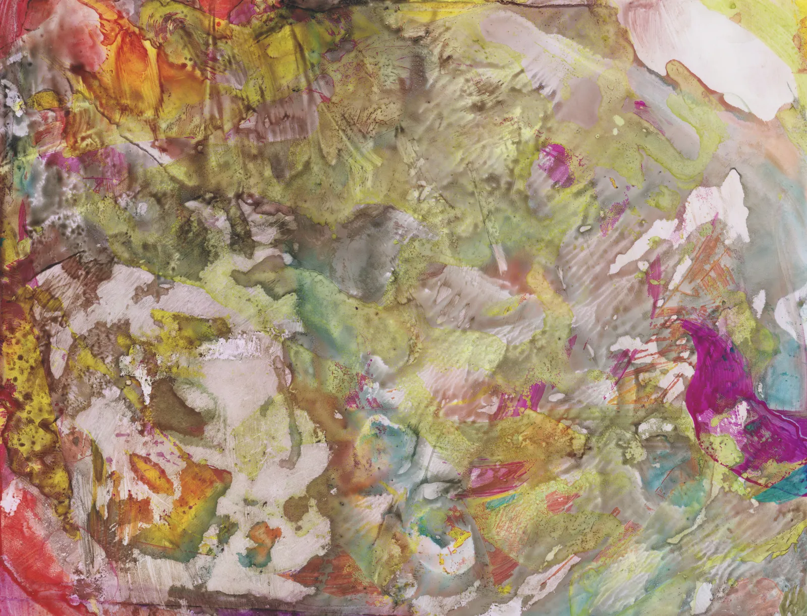 Mottled abstract in olive, yellow and pale pink ink with blistered white patches, a curl of magenta at the right and warm red and orange at the left edge