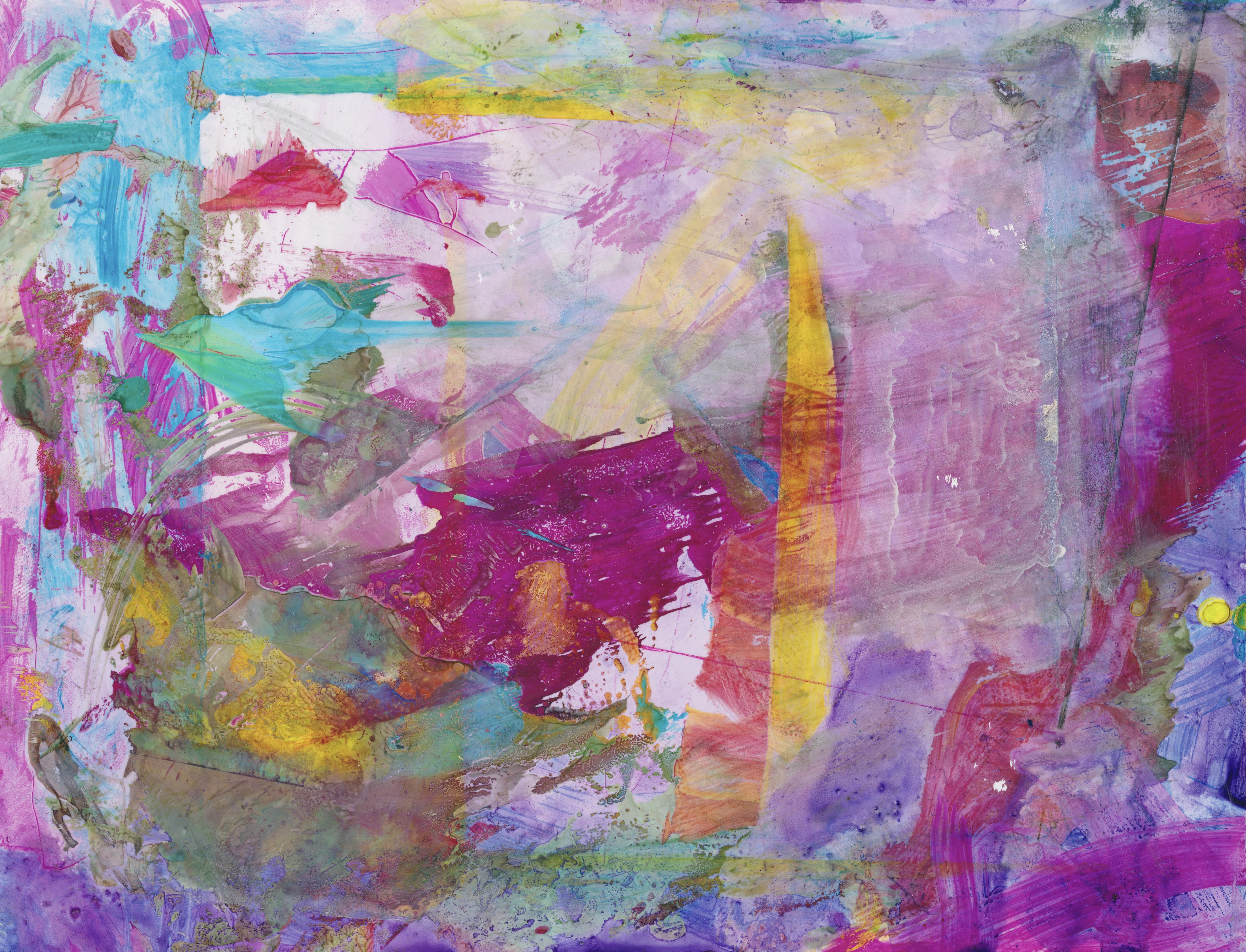 Abstract in magenta, violet and turquoise with a tall yellow spike near the centre, a band of pale blue and yellow across the top and a purple border along the bottom